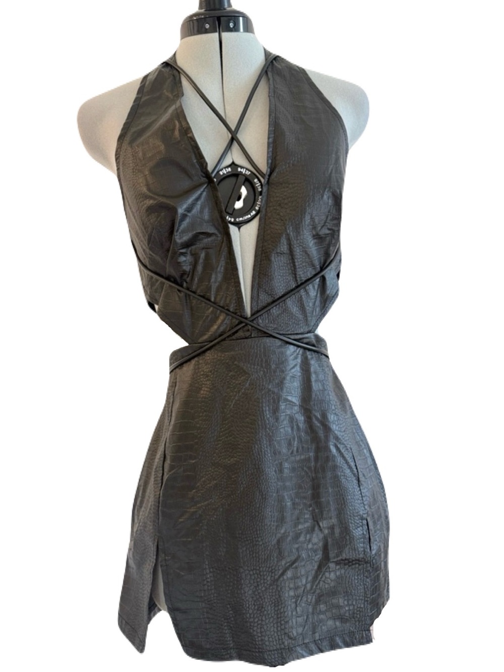 NWT Black Vegan PU Faux Crocodile Leather Halter Mini Dress M